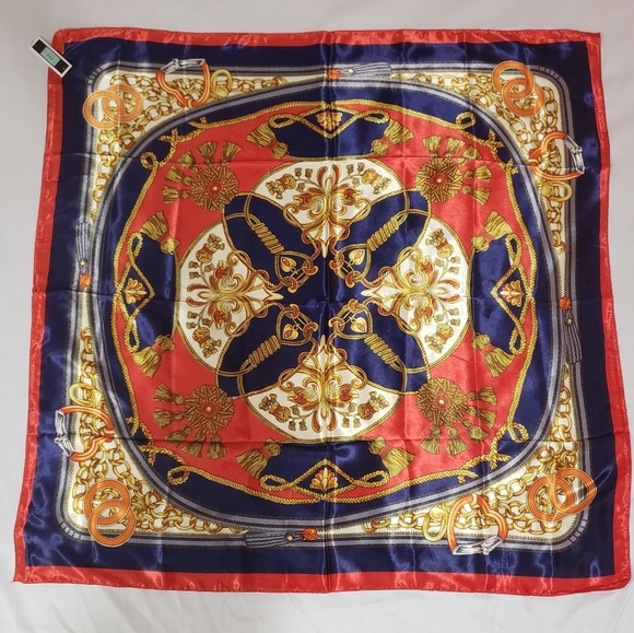 1632- Women’s Square Scarf Red Navy Gold Print 100% Polyester 35”x35” NWT - Picture 2 of 7